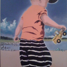 Zamuel Hube "The giant on the beach", Oil and acryl on canvas 2009, 90 x 60 cm. I painted these two boy figures to exhibition in Portugal in purpose to show something Finnish in bright colours and special summer athmosphere due the fact that we have lovely summers here.