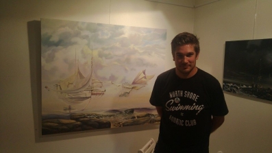 Zamuel Hube with his oil painting called "The Wind Factory" 2013